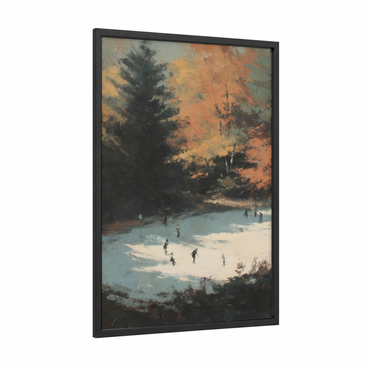 Frozen Gathering framed ice hockey print — black wood frame — gold and blue and gray palette