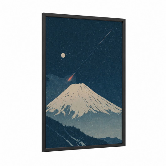 Cosmic Mountain Peak framed supernova print — black wood frame — dark blue and cream palette