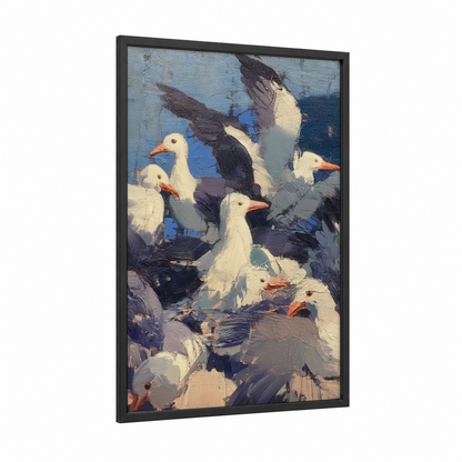 Coastal Seagull Gathering framed art print — black wood frame — blue and white and orange palette