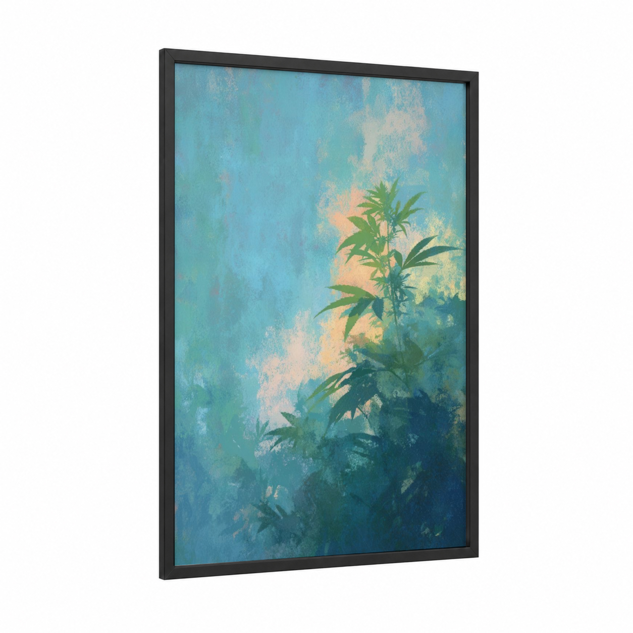Misty Cannabis framed marijuana print — black wood frame — blue and cream palette
