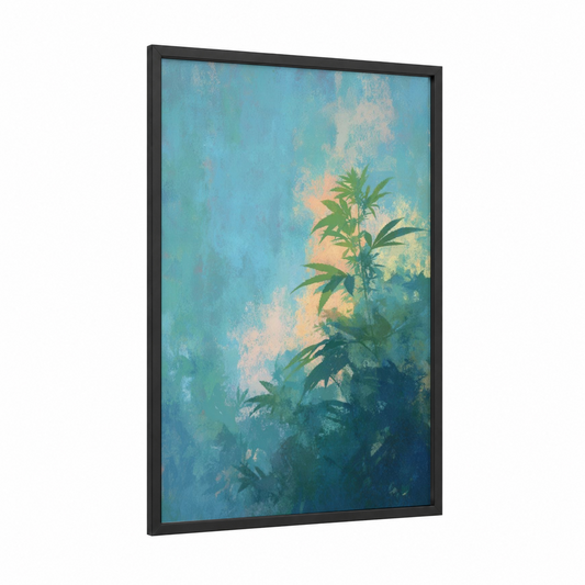 Misty Cannabis framed marijuana print — black wood frame — blue and cream palette