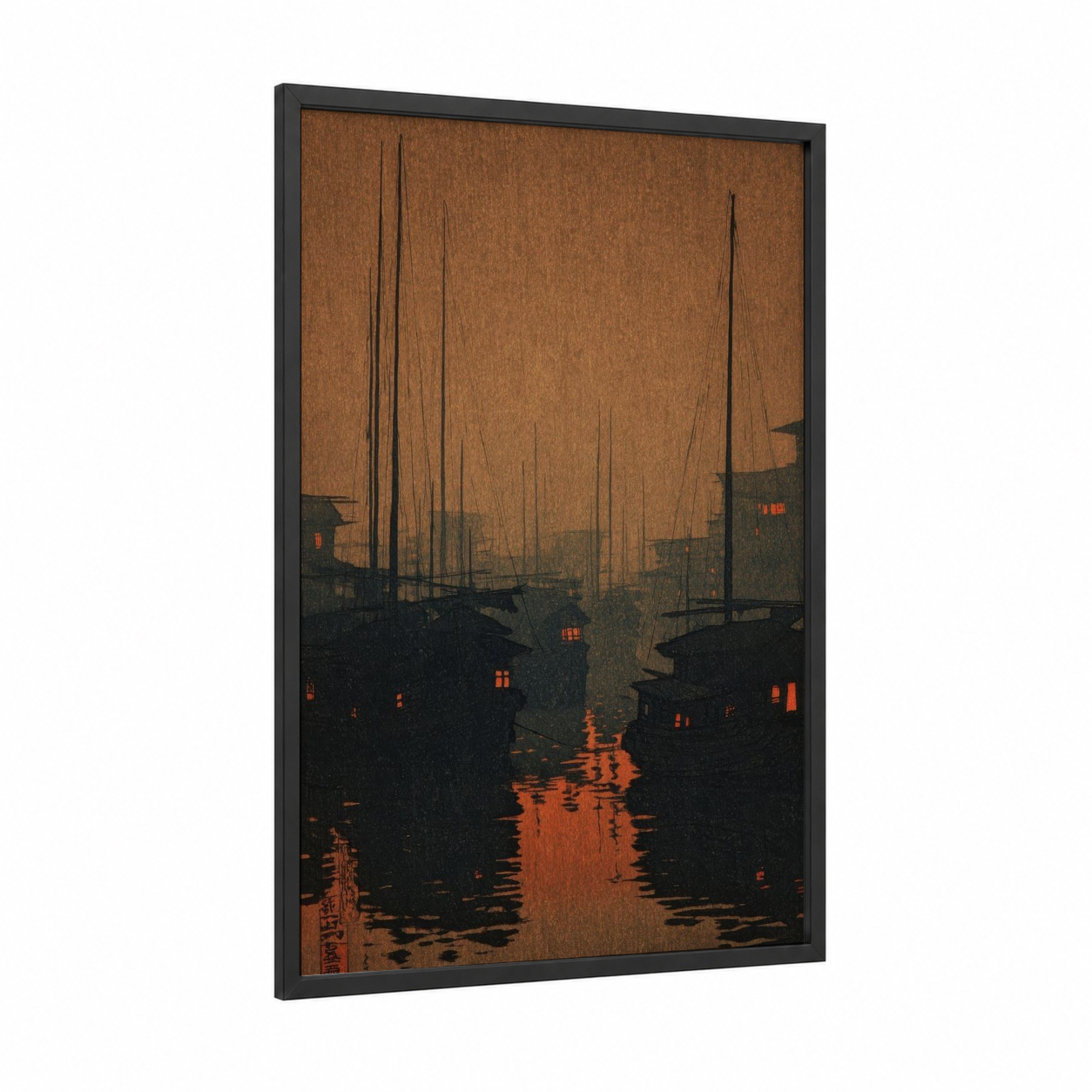 Crimson Harbor Dusk framed docks and piers print — black wood frame — orange and black palette