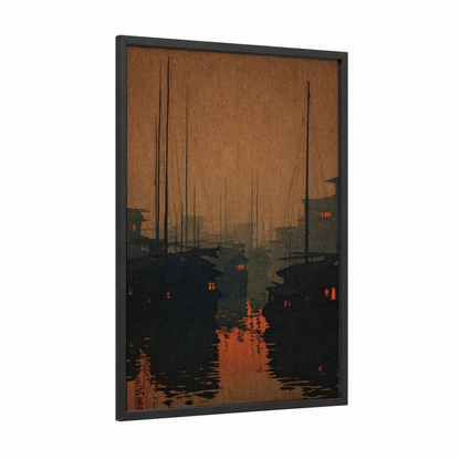 Crimson Harbor Dusk framed docks and piers print — black wood frame — orange and black palette