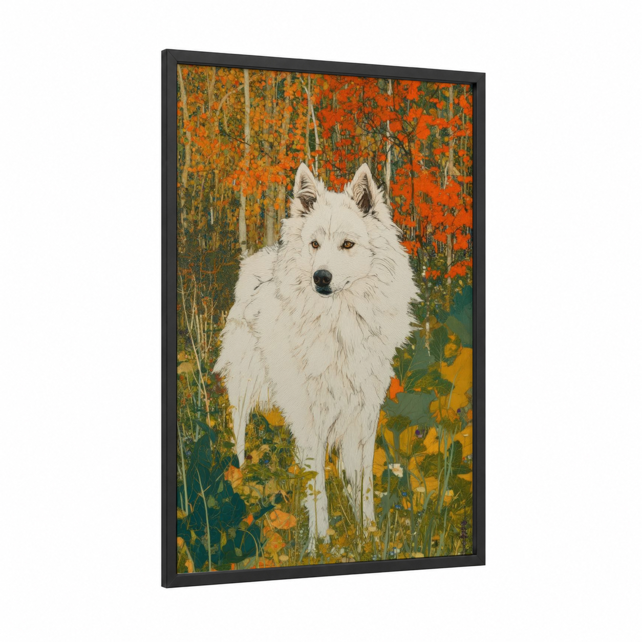 Autumn Spitz framed art print — black wood frame — orange and dark green palette