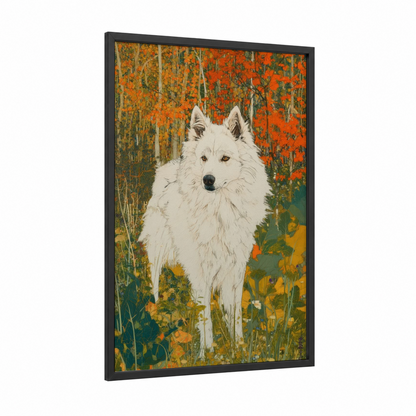 Autumn Spitz framed art print — black wood frame — orange and dark green palette