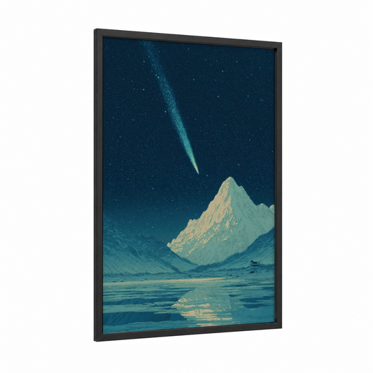 Comet Mountain Night framed astroids and comets print — black wood frame — dark blue and gold and white palette