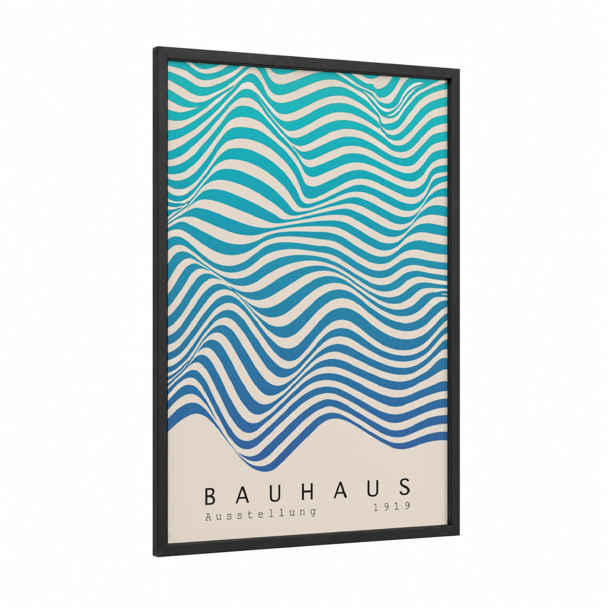 Bauhaus Waves framed abstract geometric print — black wood frame — turquoise and cream palette
