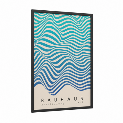 Bauhaus Waves framed abstract geometric print — black wood frame — turquoise and cream palette