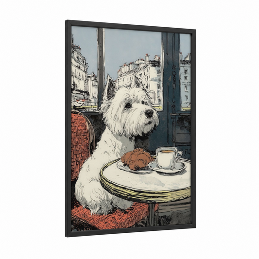 Parisian Terrier framed art print — black wood frame — cream and gray palette