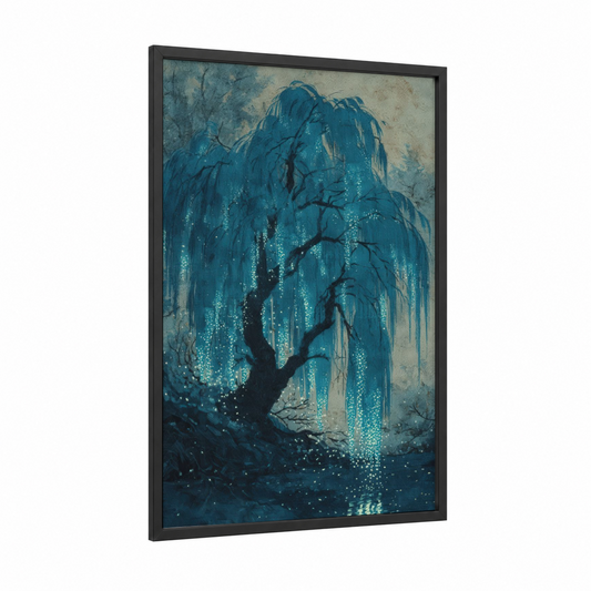 Luminous Willow framed willow tree print — black wood frame — teal and gray palette