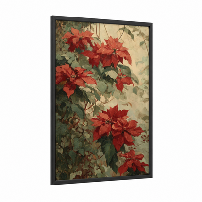 Crimson Poinsettias framed art print — black wood frame — red and sage green palette