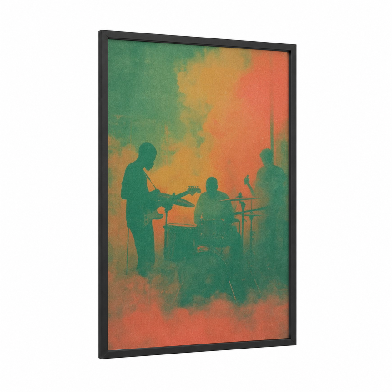 Sunset Reggae Band framed art print — black wood frame — orange and teal palette