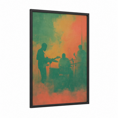 Sunset Reggae Band framed art print — black wood frame — orange and teal palette
