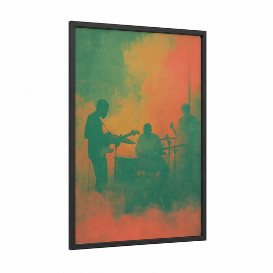 Sunset Reggae Band framed art print — black wood frame — orange and teal palette