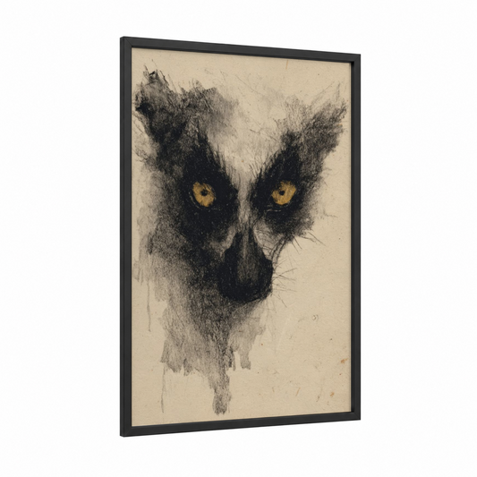 Golden-Eyed Lemur framed art print — black wood frame — black and white and beige palette