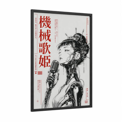 Japanese Cyberpunk Singer Wall Art framed musician print — black wood frame — black and white and red palette