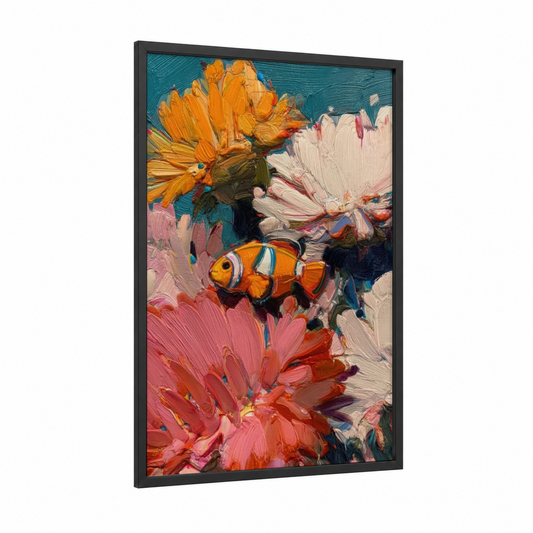 Clownfish Garden framed clown fish print — black wood frame — orange and teal palette