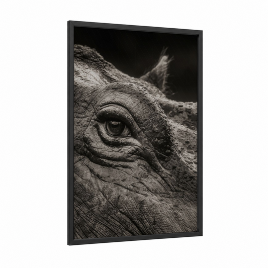 Textured Hippo framed art print — black wood frame — black and white palette