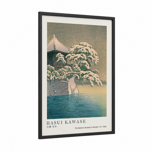 Snowy Willow Landscape framed willow tree print — black wood frame — sage green and blue and white palette