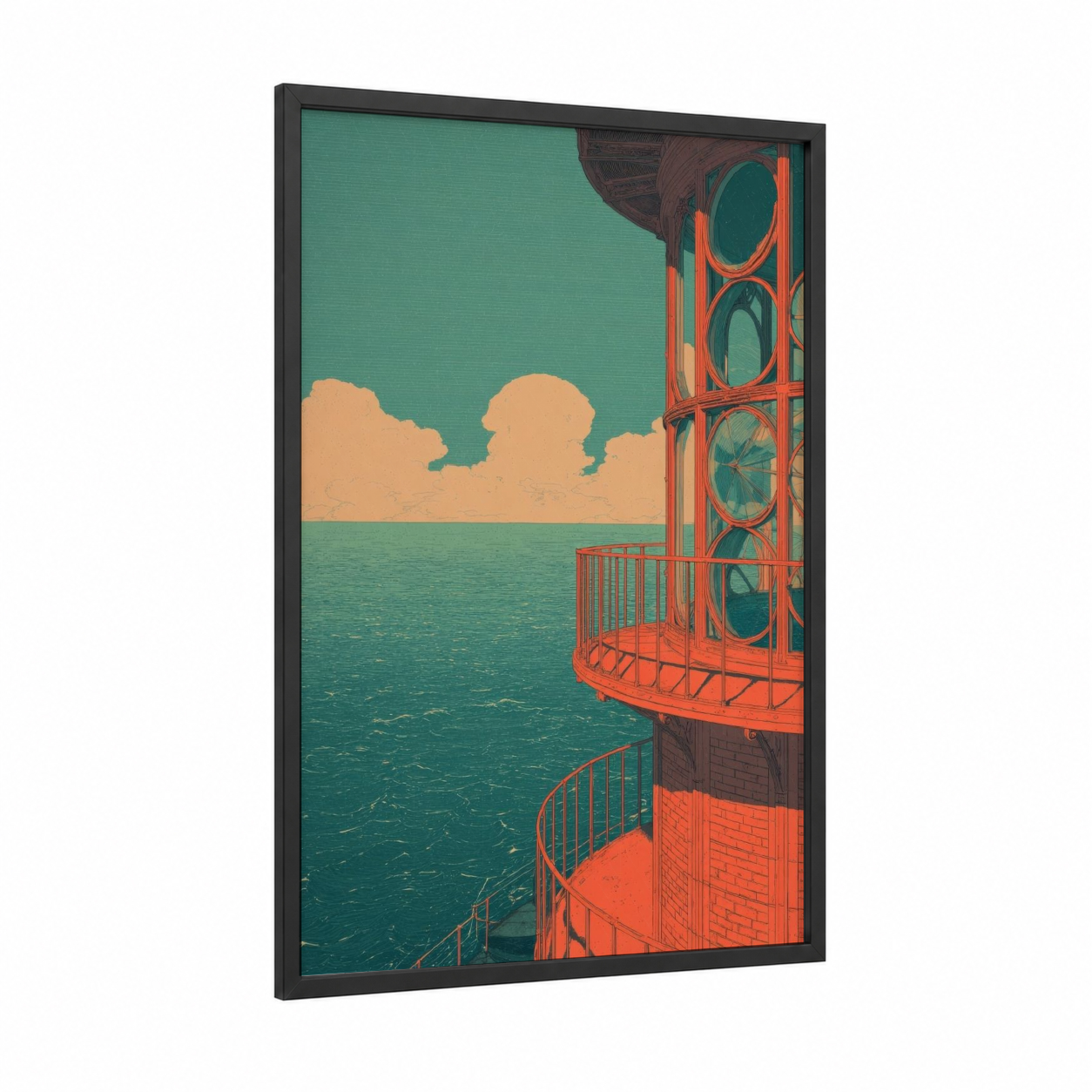 Coastal Lighthouse Beacon framed art print — black wood frame — teal and orange palette
