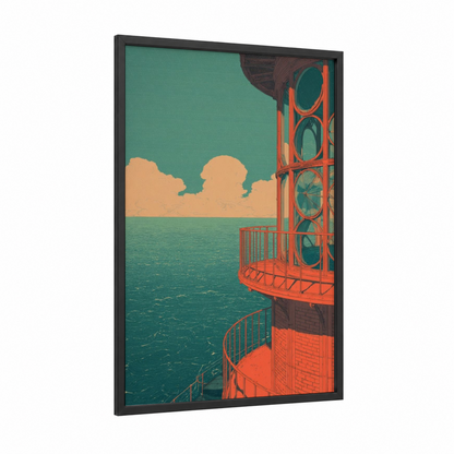 Coastal Lighthouse Beacon framed art print — black wood frame — teal and orange palette