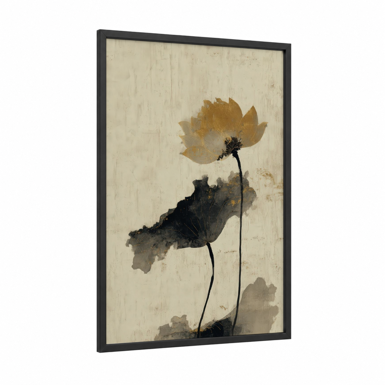Golden Lotus Bloom framed art print — black wood frame — gold and dove gray palette