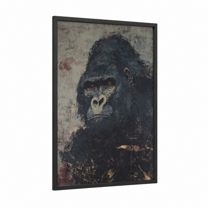 Contemplative Gorilla framed art print — black wood frame — black and white and dove gray palette