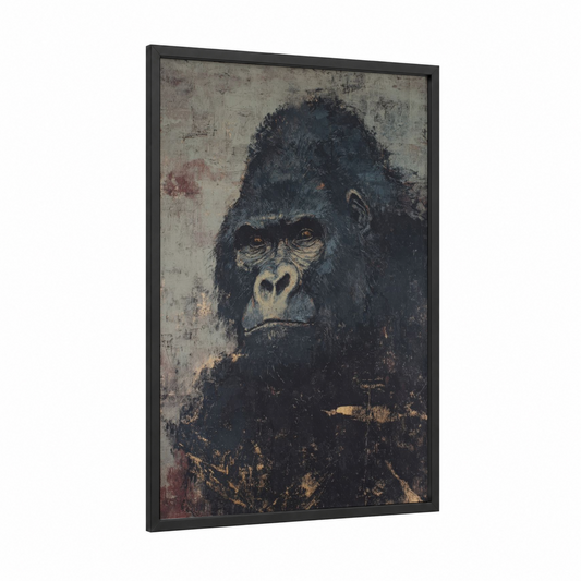 Contemplative Gorilla framed art print — black wood frame — black and white and dove gray palette