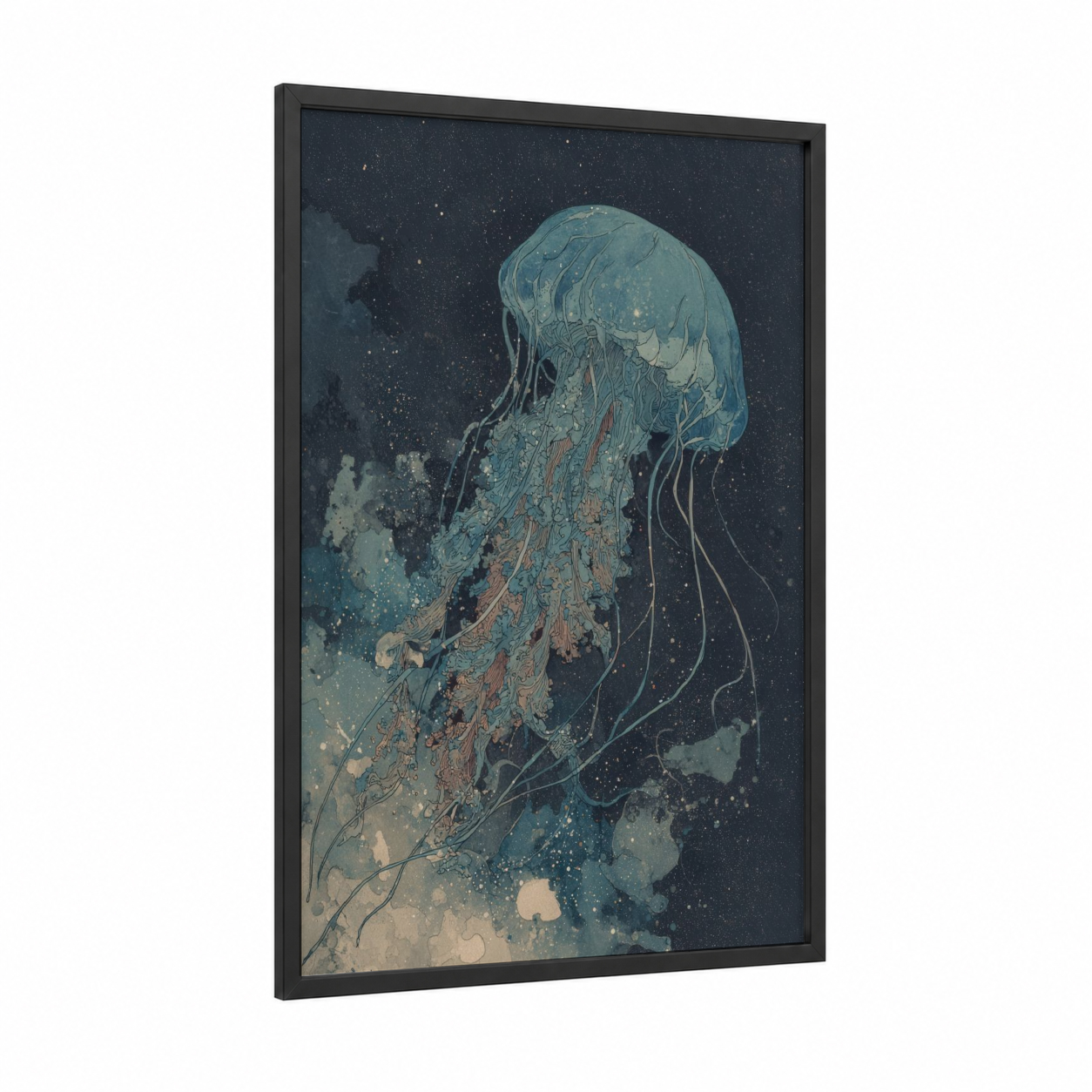Bioluminescent Jellyfish framed art print — black wood frame — teal and gold palette