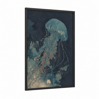 Bioluminescent Jellyfish framed art print — black wood frame — teal and gold palette
