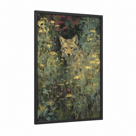 Golden Coyote framed art print — black wood frame — gold and sage green palette
