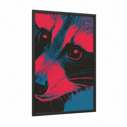 Neon Raccoon framed art print — black wood frame — red and dark blue palette