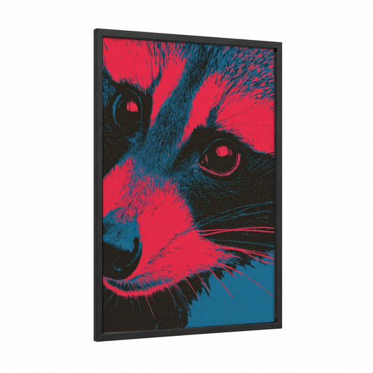 Neon Raccoon framed art print — black wood frame — red and dark blue palette