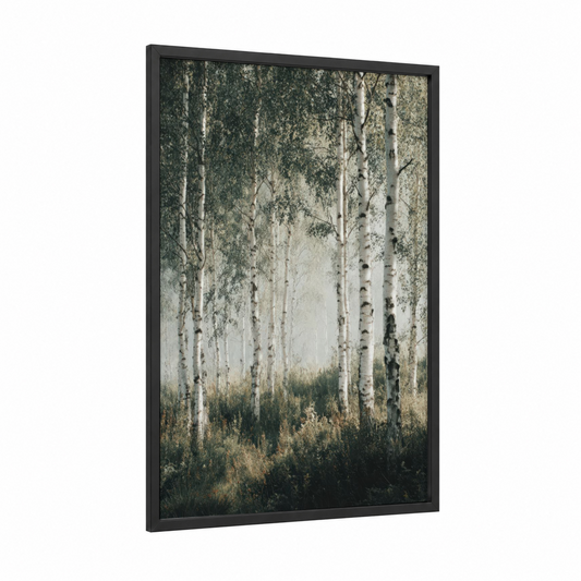 Misty Birch Forest framed art print — black wood frame — gray and white and light green palette