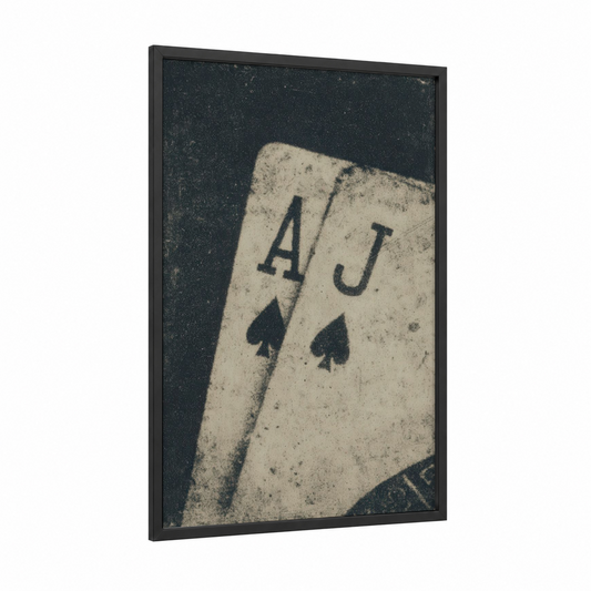 Vintage Spades framed card game print — black wood frame — black and white and cream palette