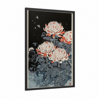 Coral Amarillys Night framed art print — black wood frame — black and white and red palette