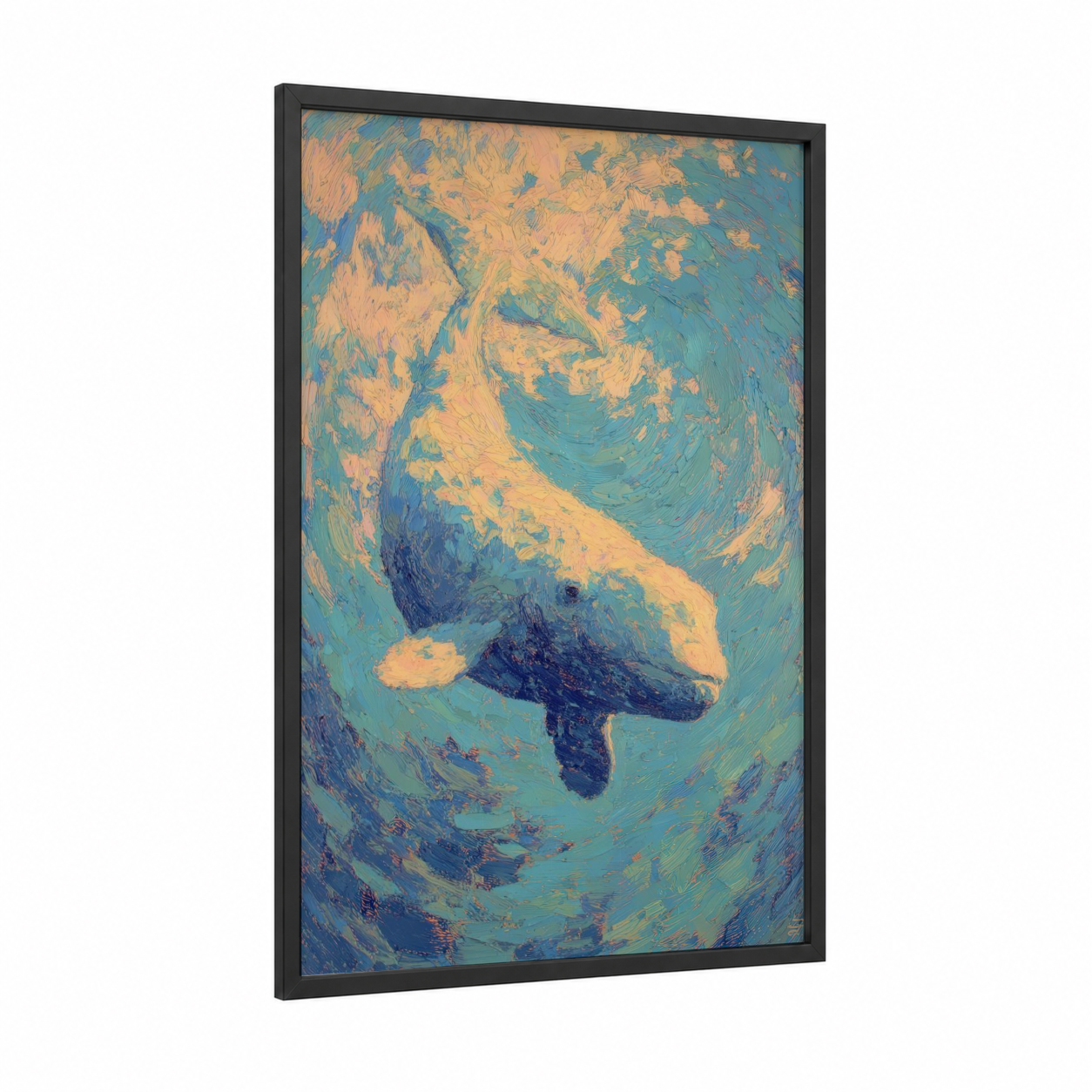 Golden Beluga framed beluga whale print — black wood frame — gold and blue palette