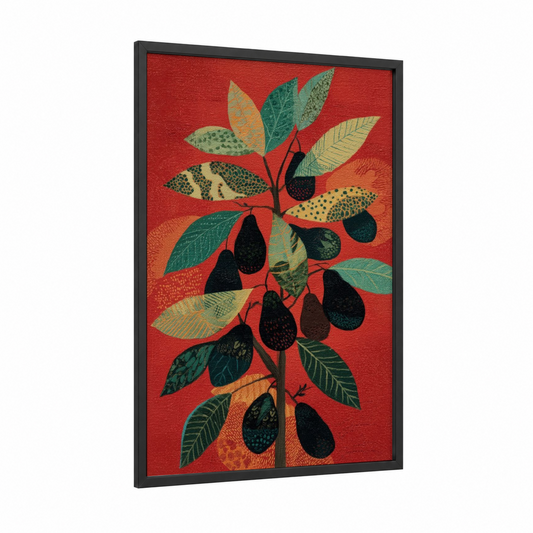 Crimson Fruit Tree framed fruit trees print — black wood frame — red and green palette