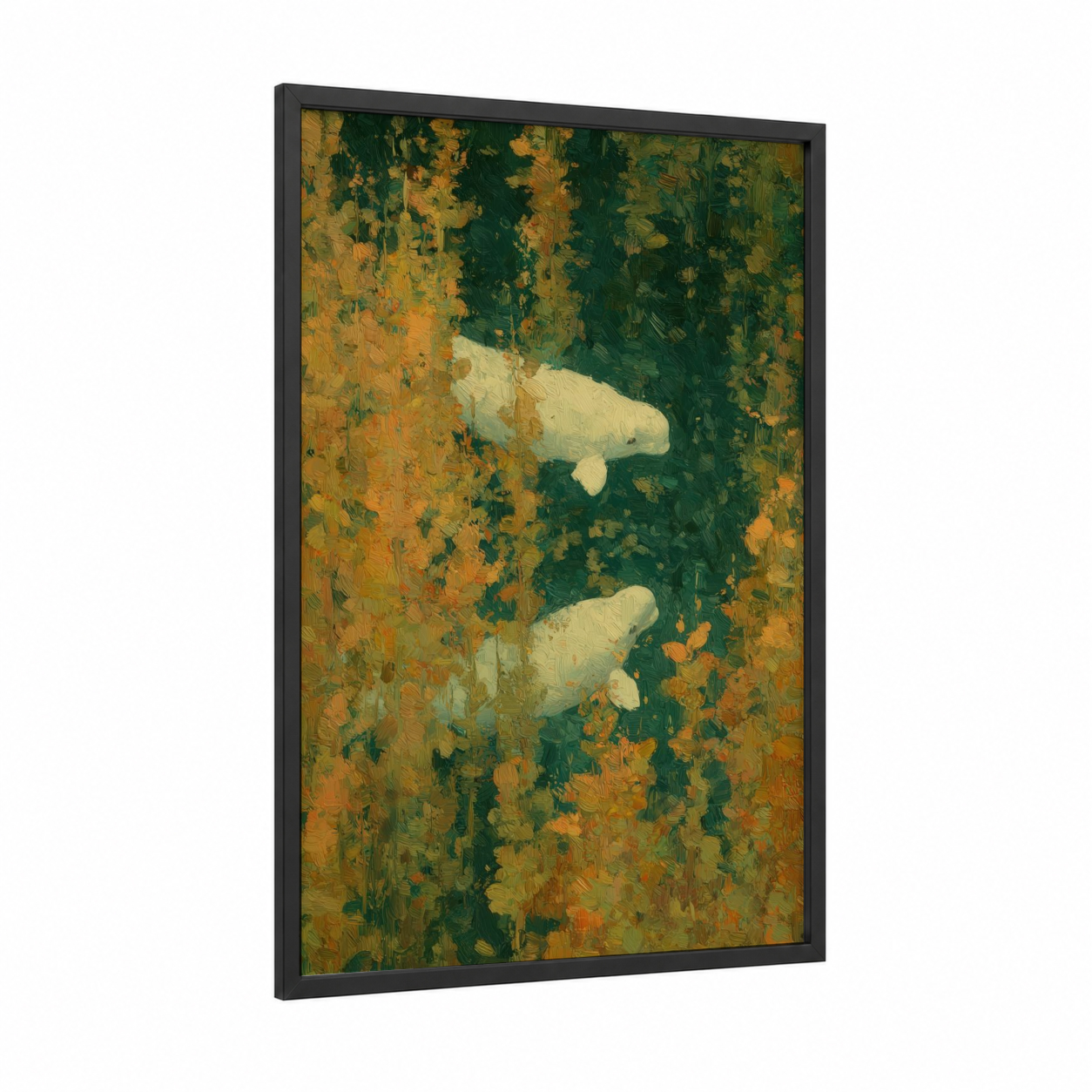 Arctic Beluga Pair framed beluga whale print — black wood frame — dark green and gold palette