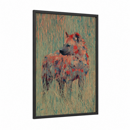 Crimson Hyena framed art print — black wood frame — red and teal palette