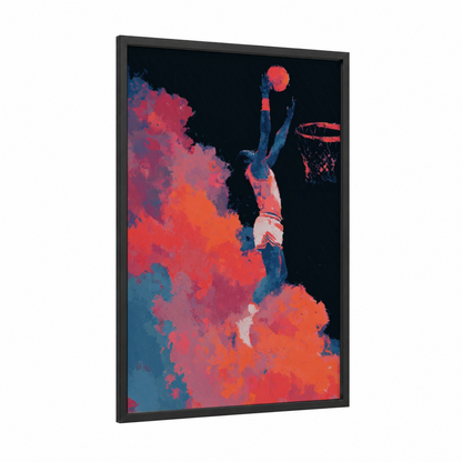 Basketball Slam Dunk framed art for boy print — black wood frame — red and dark blue palette