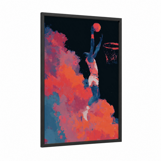 Basketball Slam Dunk framed art for boy print — black wood frame — red and dark blue palette