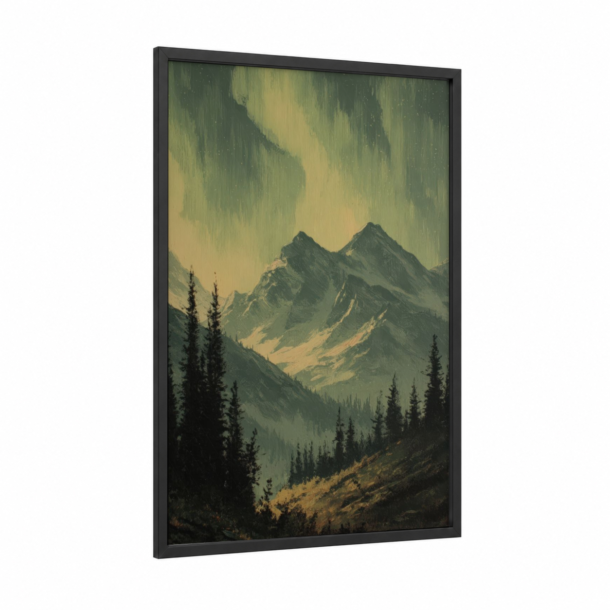 Golden Mountain Aurora framed northern lights print — black wood frame — gold and sage green palette