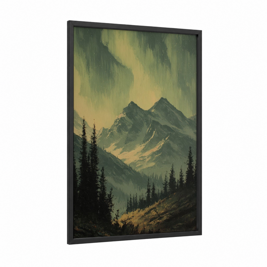 Golden Mountain Aurora framed northern lights print — black wood frame — gold and sage green palette