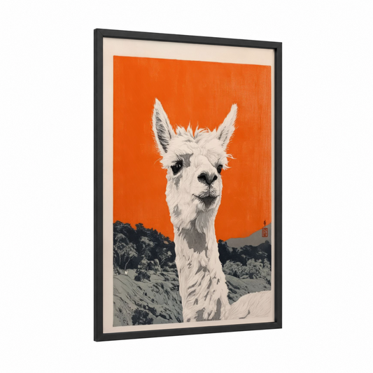Crimson Alpaca framed art print — black wood frame — orange and black and white palette