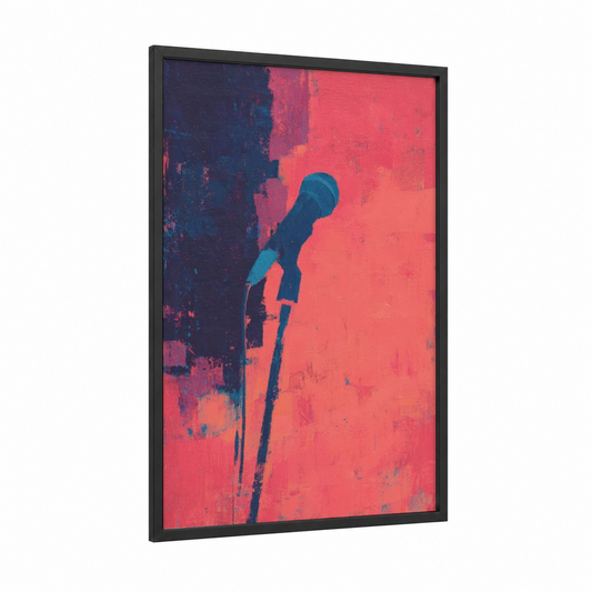 Neon Microphone framed art print — black wood frame — pink and blue palette