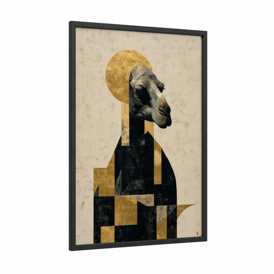 Golden Camel Head framed art print — black wood frame — gold and black palette