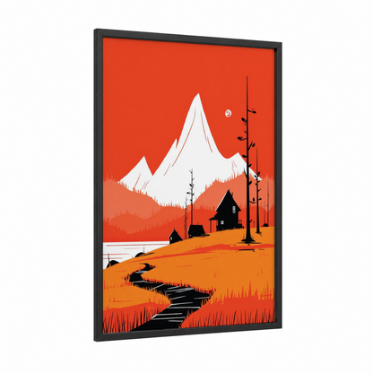 Snowy Mountain Landscape framed art print — black wood frame — orange and white palette