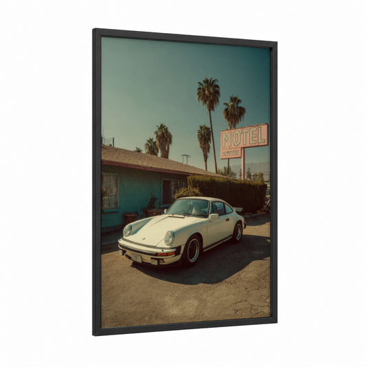 Desert Porsche framed sports car print — black wood frame — cream and teal palette