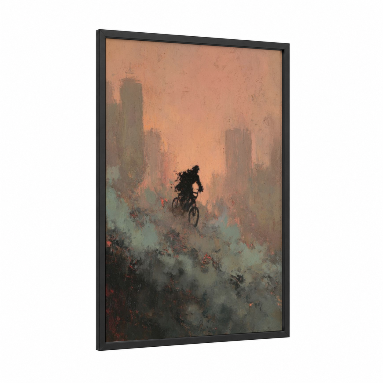 Solitary Cyclist framed urban bicycle print — black wood frame — peach and teal palette